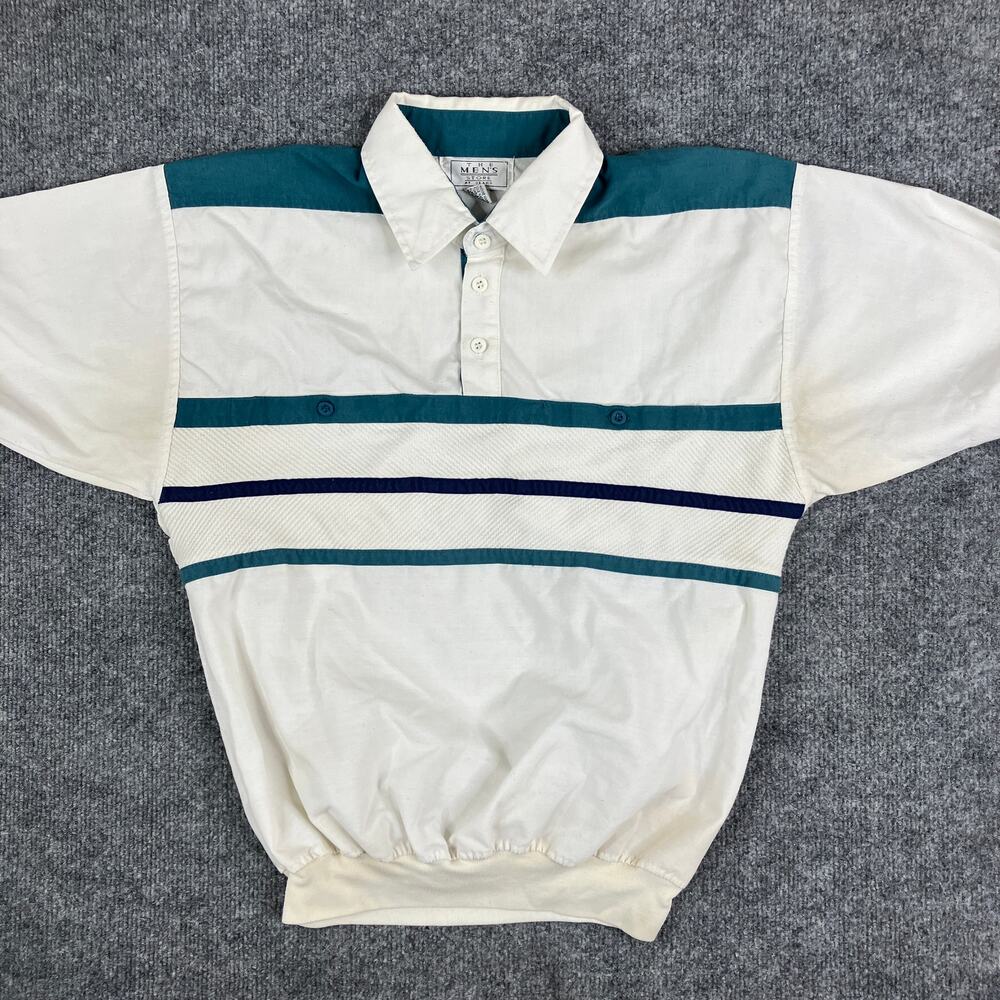 The Mens Store Polo Womens S White Teal Striped Vintage 90s Sears Elastic Hem